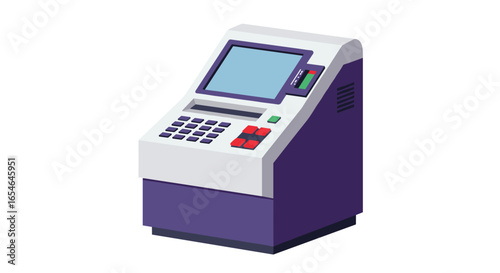 Retro atm machine with keypad and screen in isometric view