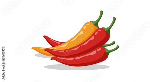 Vibrant red and yellow chili peppers on white background with shadows