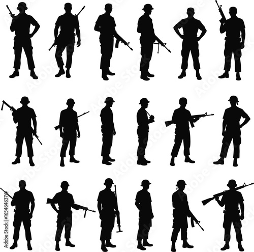 Silhouettes of soldiers in various poses with rifles