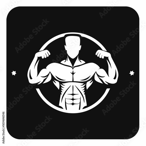 White silhouette of a muscular man against a black background on white background.