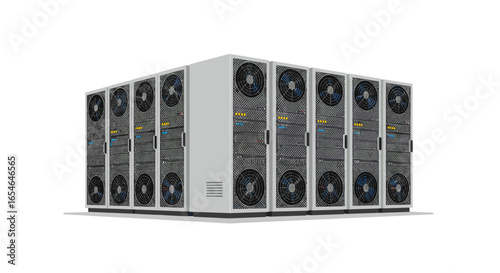 Modern data center server racks in realistic 3d design
