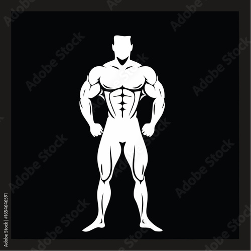 White silhouette of a muscular man against a black background on white background.