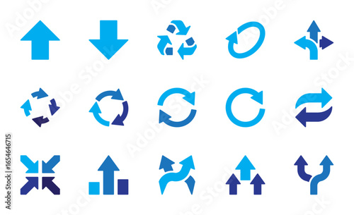 Blue arrows big icons collection. Arrow symbol. Direction, cursor, pointer sign. Decorative arrows. Modern design elements for apps, interface, business and project. Flat design. Vector illustration.