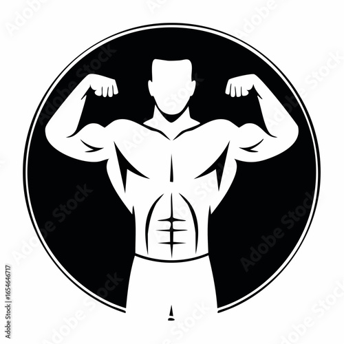 White silhouette of a muscular man against a black background on white background.