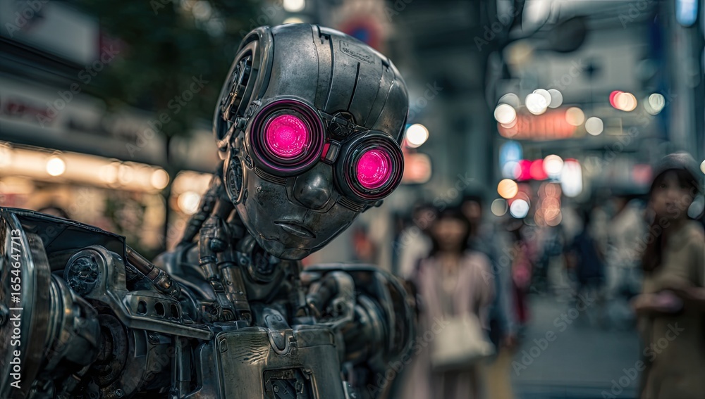 Fototapeta premium Steampunk robot statue in city street