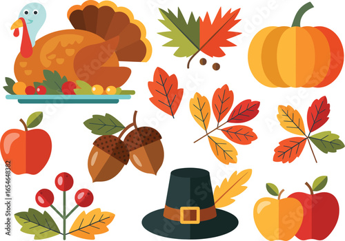 Thanksgiving vector illustration set with roasted turkey, colorful autumn leaves, pumpkins, apples, acorns, and harvest elements for holiday designs.