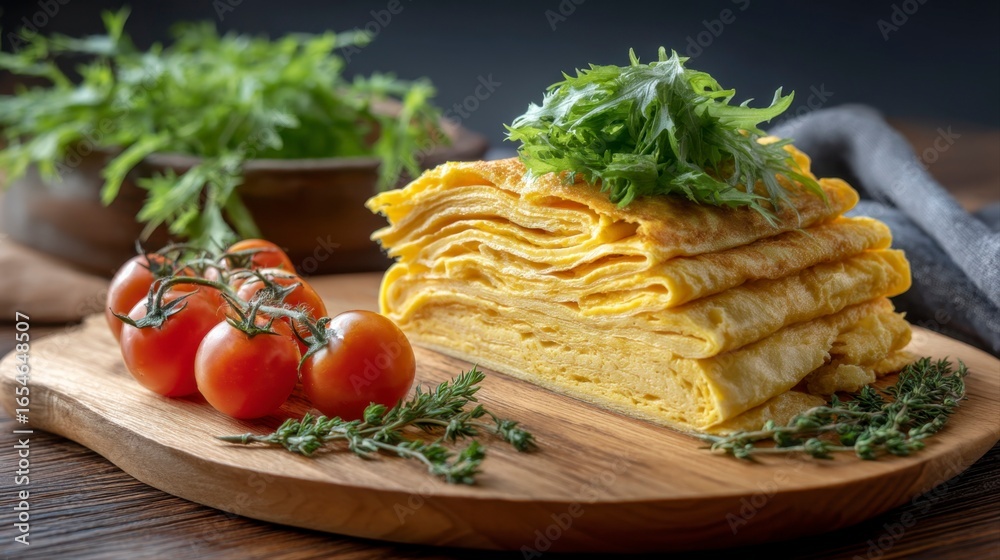 Perfectly Sliced Tamago Egg Omelette with Fresh Vegetables Perfectly Sliced Tamago Egg Omelette with Fresh Vegetables