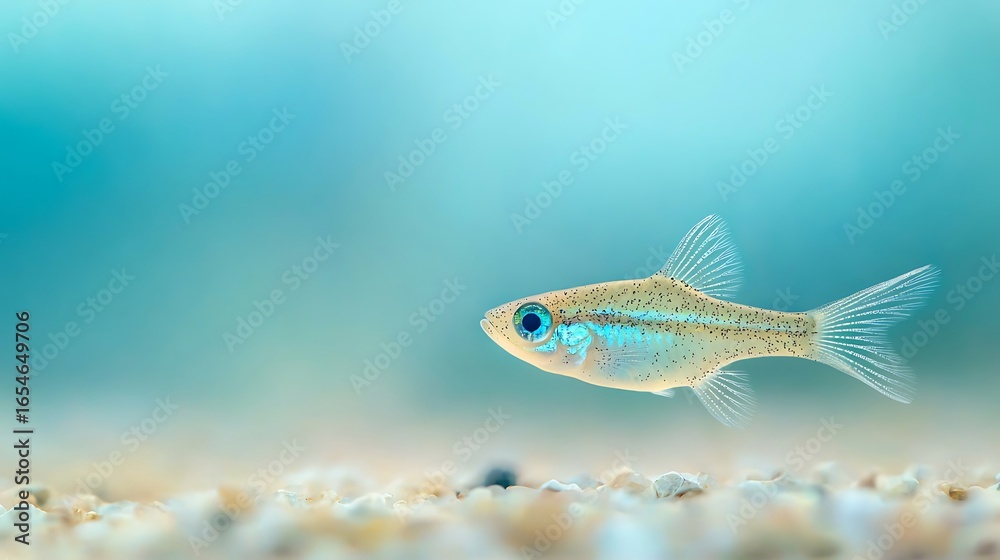 Naklejka premium Small translucent fish with bright blue eyes swims in clear blue water