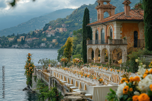 Bride and groom cutting a wedding cake at a reception by Lake Como.