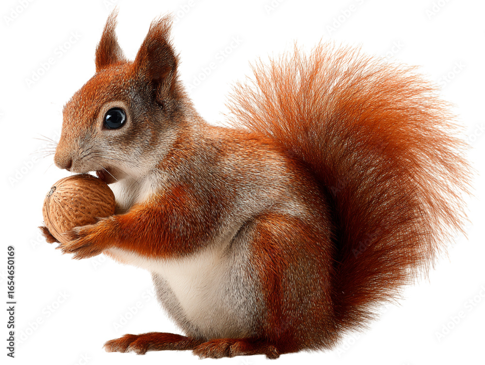 Obraz premium Red squirrel holding a nut, isolated on white background