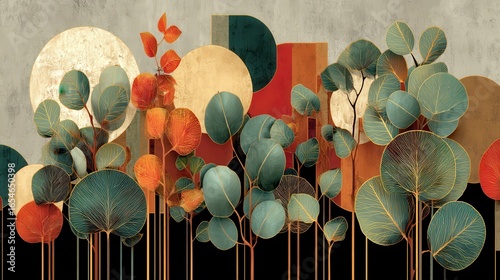 Botanical Geometric Fusion Concept. Abstract leafy design with geometric shapes and muted colors.