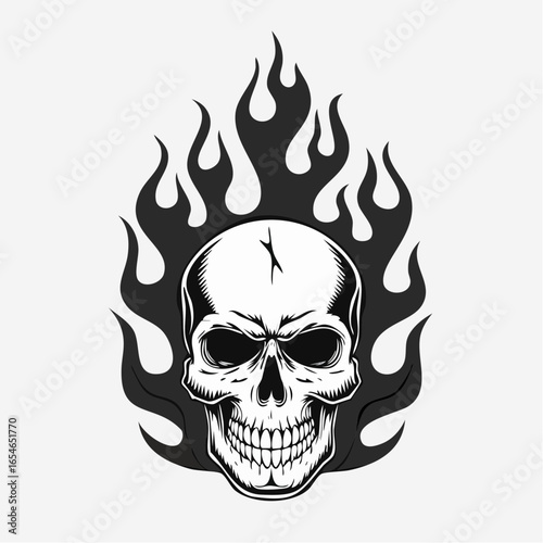 Skull Fire Flames Vector Image. Black white Skull Fire Flames Vector Image on white background.