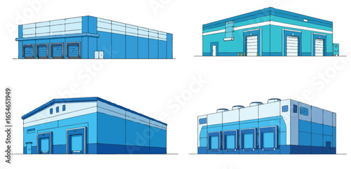 Assorted industrial warehouse buildings in a blue architectural style