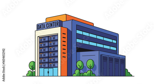 Stylized flat vector illustration of a vibrant data center building