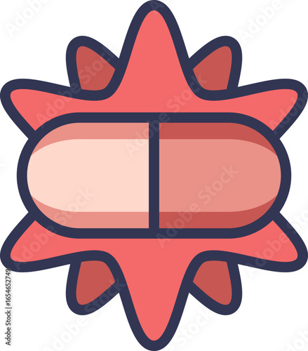 An icon of a pill over a virus, symbolizing an antagonistic drug. Represents pharmacology, medical treatment, and a drug blocking a pathogen's effect.