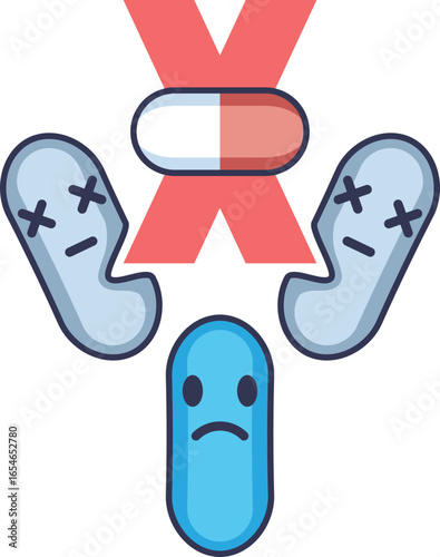 An illustration of antibiotic disruption. A crossed-out pill fails to kill all bacteria, symbolizing antibiotic resistance or the negative impact on gut flora, leaving some microbes alive.