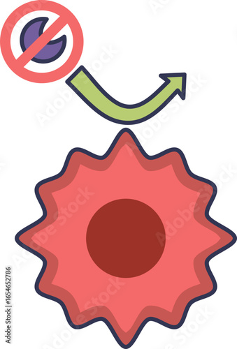 Icon of a cancer cell evading anti-growth signals, a hallmark of cancer. A prohibited symbol represents the ignored signal, allowing for uncontrolled cell proliferation.