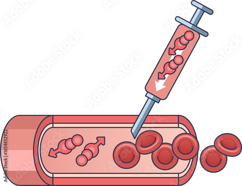 A syringe injects red blood cells into a blood vessel, illustrating the concept of blood doping to illegally boost oxygen-carrying capacity and enhance athletic performance.