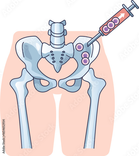 Medical illustration of a bone marrow aspiration. A syringe extracts marrow from the pelvic bone (iliac crest) for diagnostic testing or stem cell collection.