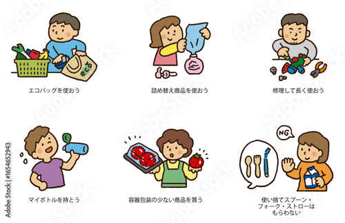 Simple illustrations depicting eco-friendly actions, promoting sustainable living practices.