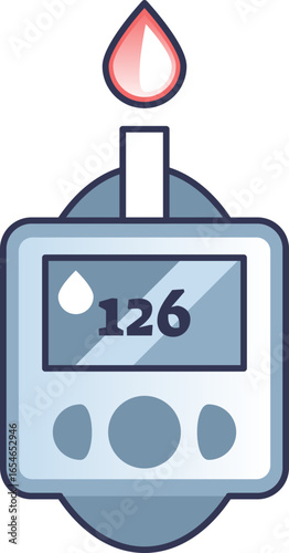 Illustration of a glucometer showing a blood sugar reading of 126. A test strip with a blood drop symbolizes diabetes monitoring and blood glucose testing for health management.