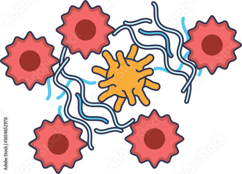 Illustration of a Cancer-Associated Fibroblast (yellow) interacting with tumor cells (red) within the extracellular matrix, depicting the tumor microenvironment and its role in cancer progression.