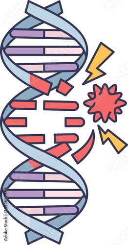 Illustration of a DNA double helix being damaged. This represents carcinogen-induced DNA damage, genetic mutation, and genotoxicity, which can lead to cancer development.