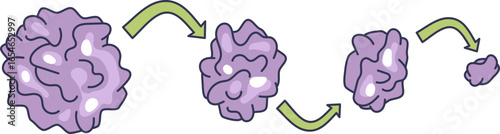 An illustration of a cancer tumor shrinking, showing successful treatment. The purple cell mass progressively reduces in size, symbolizing tumor regression and the effects of oncology therapy.