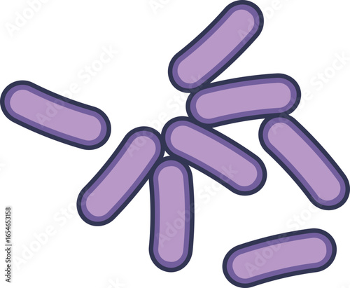 A cluster of purple, rod-shaped commensal bacteria. This graphic symbolizes the gut microbiome, microbiota, and the symbiotic relationship essential for host health.