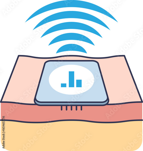 Icon of a continuous glucose monitor (CGM) sensor on the skin. The wearable device measures blood sugar levels and transmits data wirelessly, symbolizing modern diabetes care and health tech.