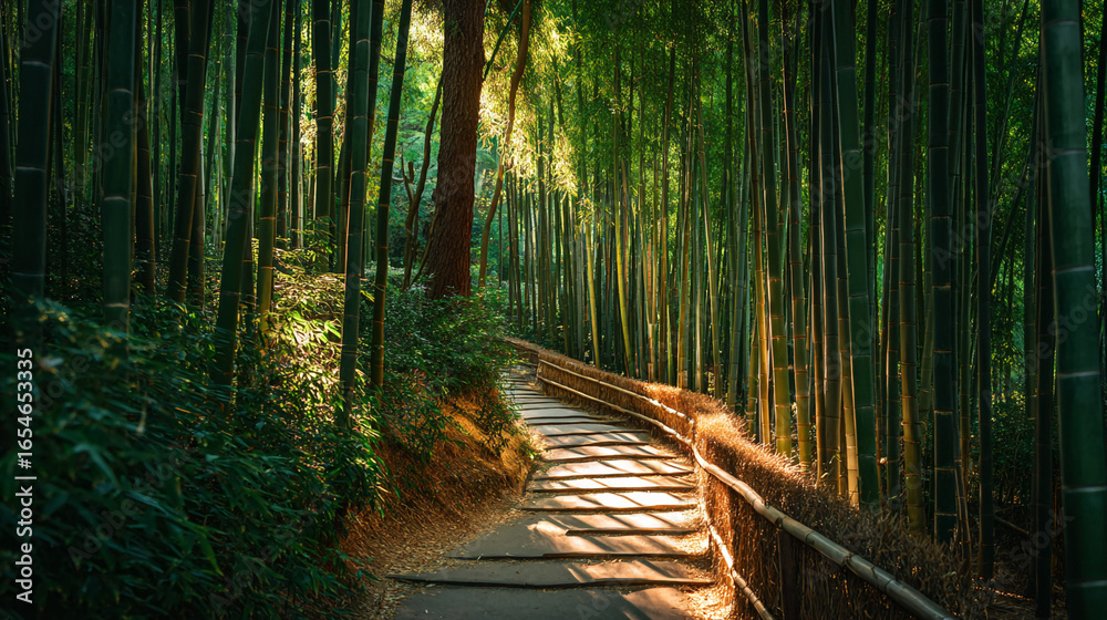 Obraz premium Bamboo forest path wallpaper background nature green landscape zen garden serene tranquil asian travel