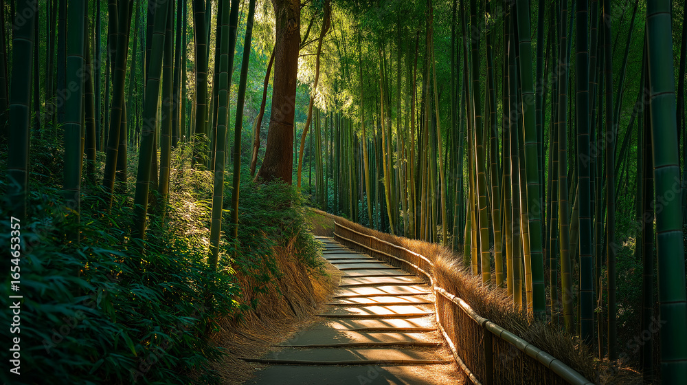Obraz premium Bamboo forest path nature landscape tranquil scene zen garden peaceful walkway green trees sunlight 100