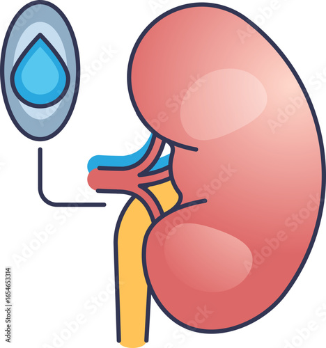 An illustration of a kidney with a water drop icon, symbolizing the effect of diuretic drugs on renal function, promoting water excretion and treating fluid retention.