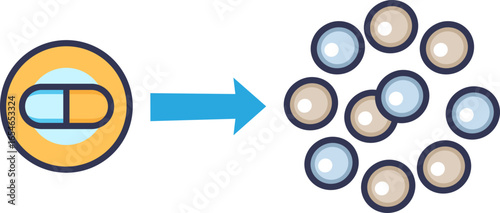 An icon of a pill transforms into multiple smaller molecules, representing drug metabolism. This illustrates the breakdown of a parent drug into its various metabolites within the body.