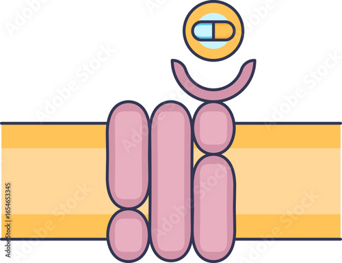 A diagram showing a drug capsule binding to a specific receptor on a cell membrane. Illustrates the lock-and-key mechanism of drug action and ligand-receptor interaction in pharmacology.