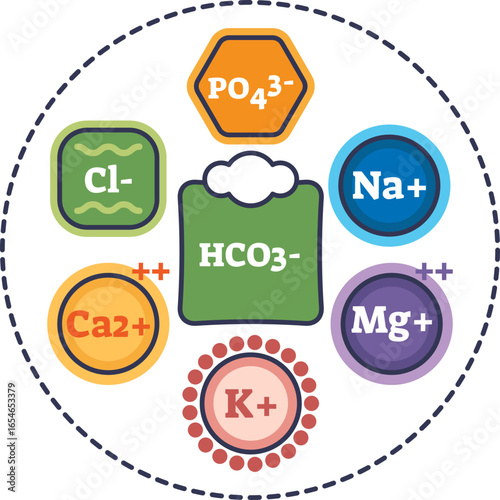 Infographic showing a mix of essential electrolytes: sodium, potassium, calcium, magnesium, chloride, phosphate, and bicarbonate. Represents a balanced electrolyte panel for health and hydration.