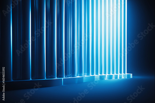 Modern abstract blue light tubes illuminate a futuristic technological scene.