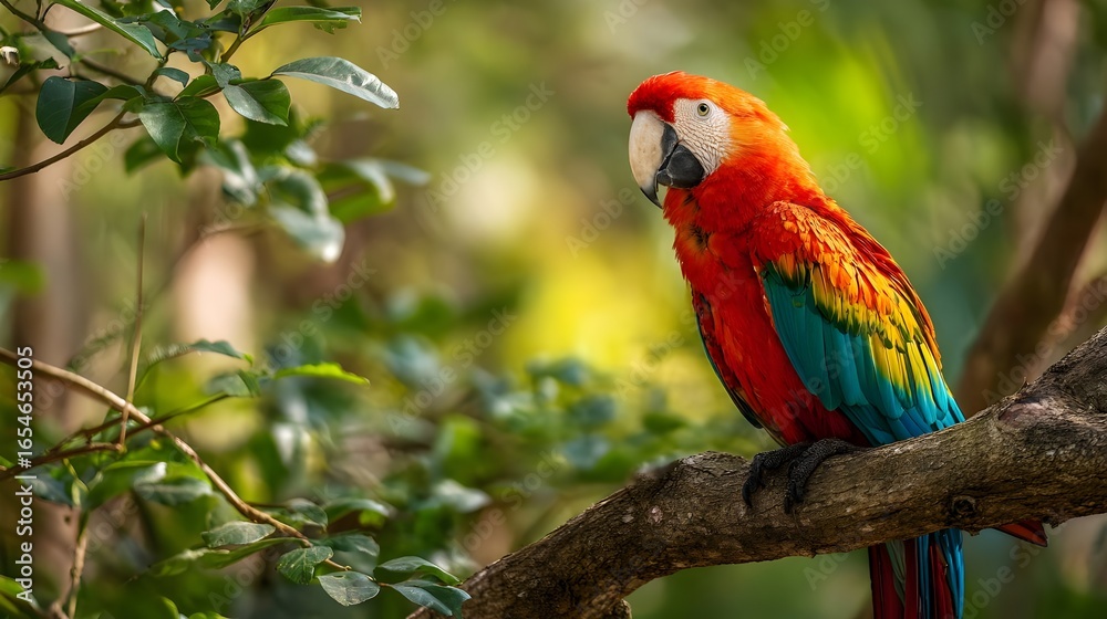 Obraz premium Colorful parrot on a tree branch in a tropical forest, vibrant and sunlit. Concept : Wildlife photography, tropical nature, exotic birds, vibrant colors, natural habitat, tropical ecosystem.
