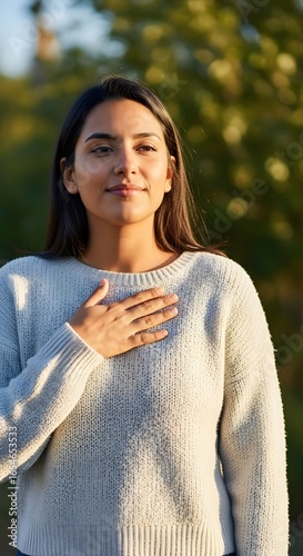 Woman expressing gratitude, serenity, and inner peace in nature, hand on chest