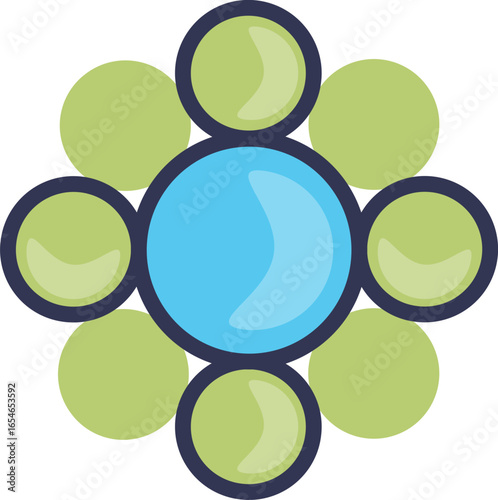 Stylized icon of a Follicle-Stimulating Hormone (FSH) molecule. A central blue sphere is surrounded by smaller green spheres, representing its complex glycoprotein structure and role in fertility.