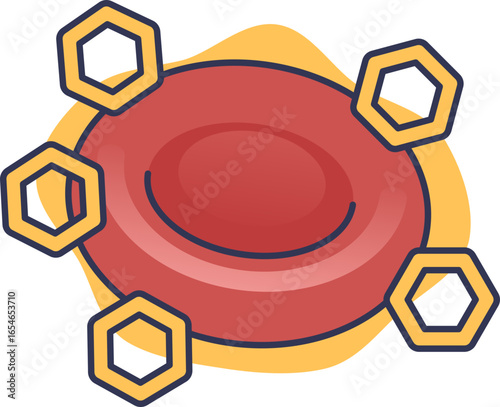 An illustration of a red blood cell with glucose molecules attached, representing glycated hemoglobin (HbA1c). This visualizes long-term blood sugar control, a key marker for diabetes.