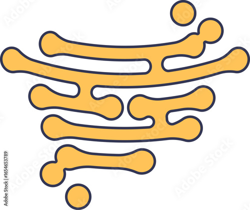 A stylized illustration of the Golgi apparatus, a key cell organelle. The image shows the stack of flattened sacs (cisternae) and budding vesicles, representing protein and lipid processing.