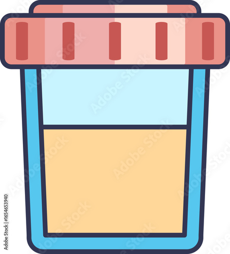 Icon of a medical specimen cup with a healthy, pale yellow urine sample. Represents urinalysis, health screening, and medical diagnostics for hydration and wellness.