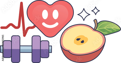 An illustration representing a heart-healthy lifestyle with a smiling heart, EKG line, dumbbell, and apple. It symbolizes how diet and exercise contribute to cardiovascular wellness.