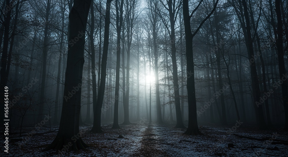Obraz premium Ethereal Light Breaking Through Foggy Forest Canopy Creating a Mystical Atmosphere Perfect for Fantasy Landscapes and Atmospheric Photography with Bare Trees