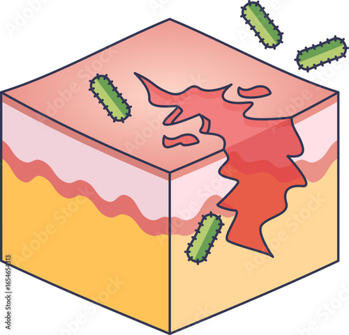 Isometric illustration of a skin cross-section with an open, infected wound. Bacteria are present, symbolizing impaired wound healing and the risk of infection in chronic non-healing wounds.