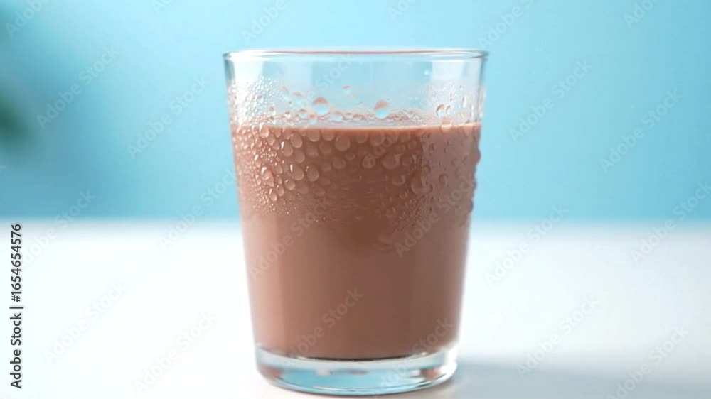 A clear glass filled with chocolate milk sits on a white surface against a blue background showing condensation A clear glass filled with chocolate milk sits on a white surface against a blue background showing condensation