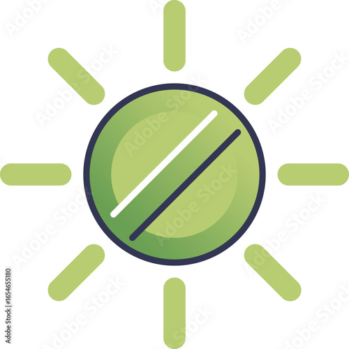 A green oral medication tablet icon with a score line, radiating light like a sun. Symbolizes healing, daily dosage, vitality, and the positive effects of pharmaceutical treatment.
