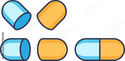 A vector illustration of a blue and yellow oral drug capsule, shown both assembled and separated into its two halves. Symbolizes medicine, pharmacy, and drug formulation.