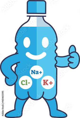 A friendly water bottle character with essential electrolytes (Na+, K+, Cl-) represents an oral rehydration solution. The thumbs-up signifies its positive effect on health and rehydration.